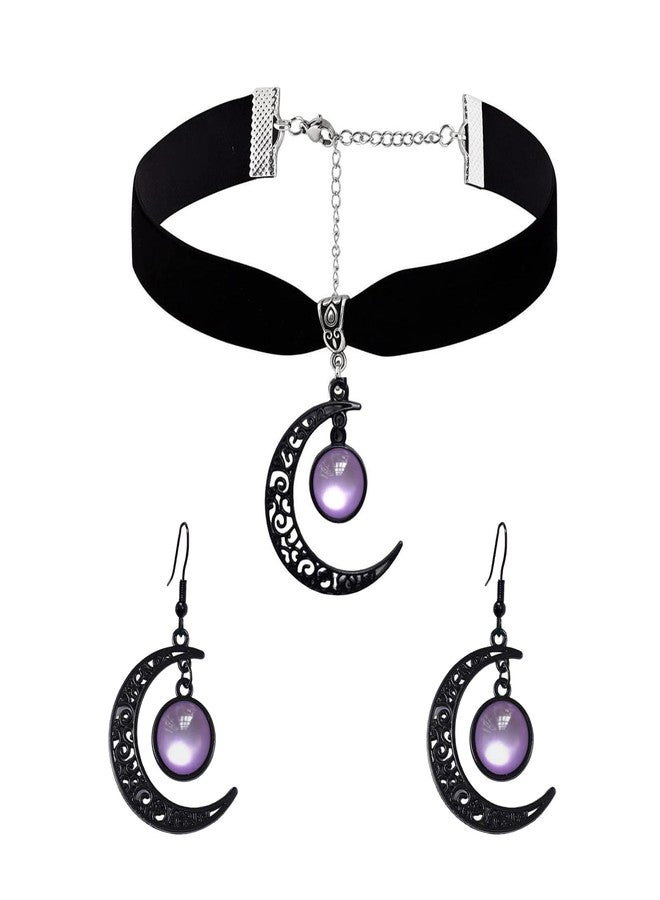Asiamist Gothic Moon Necklace Earrings Set for Women Black Velvet Choker Necklace Punk Moon Dangle Earring Vintage Crystal Crescent Cameo Pendant Necklaces Goth Jewelry Halloween Costume Accessories (Purple) - Image 1